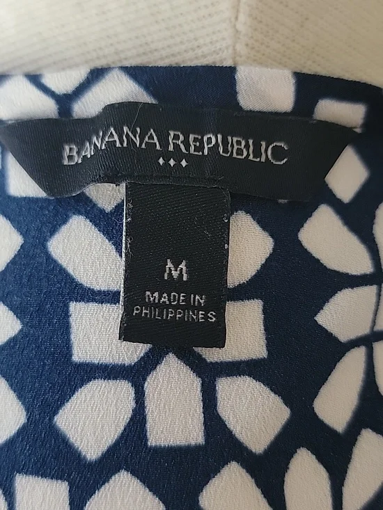 Banana Republic Blue White Geometric V-Neck Dolman Sleeve Tie Waist Tunic Top M - Picture 6 of 7